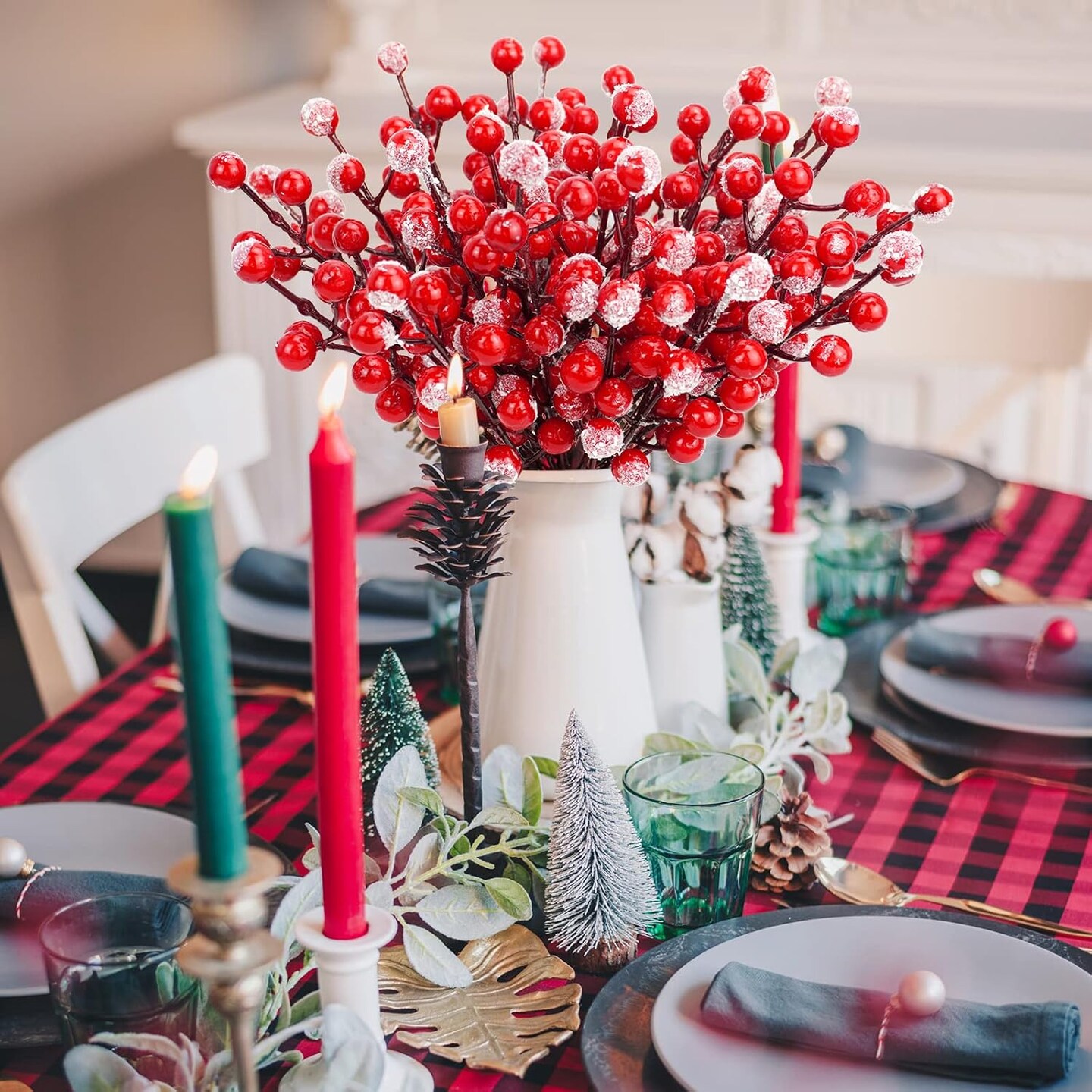 24 PCS Artificial Holly Berry Stems (Red)