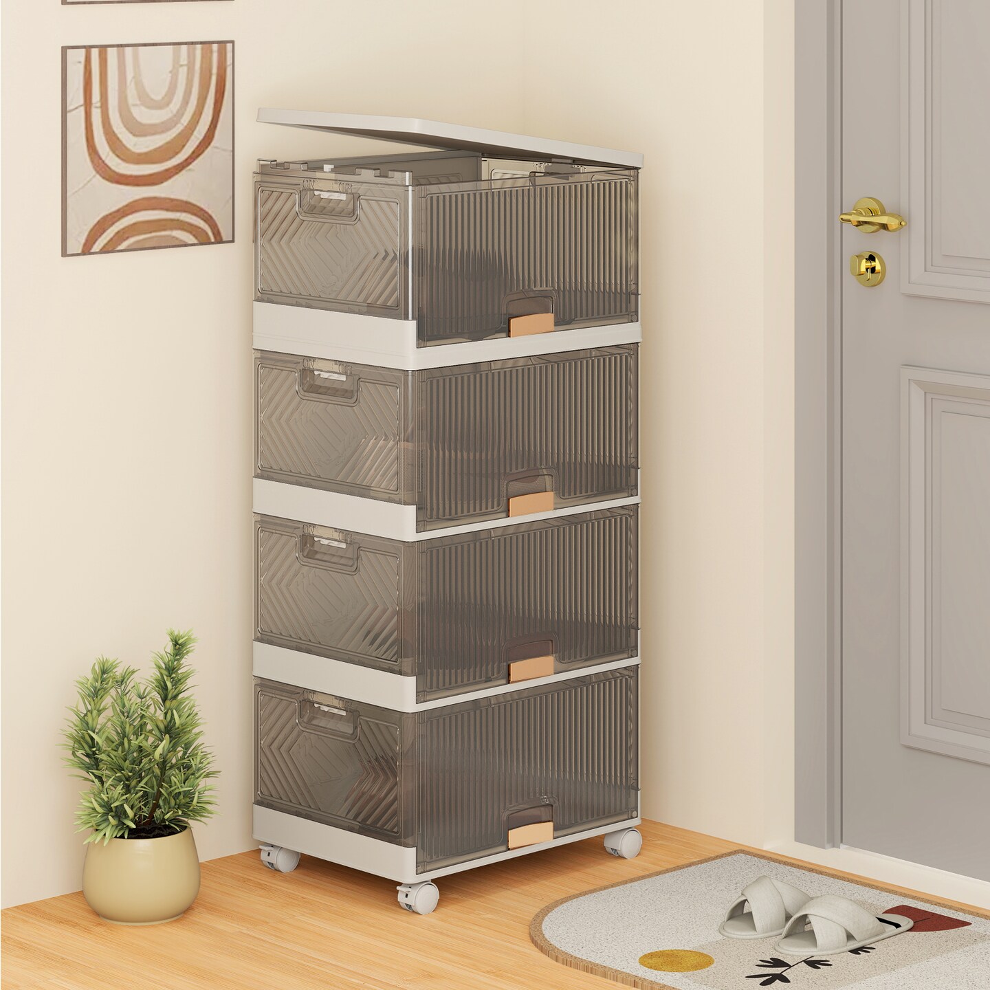Stackable Storage Bin With Wheels Foldable Cube Organizer For Closet Bedroom Pantry White Brown PP ABS
