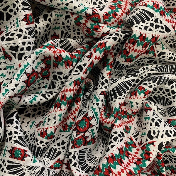 Red and Green Lace Look Print Rayon Challis Fabric By the Yard