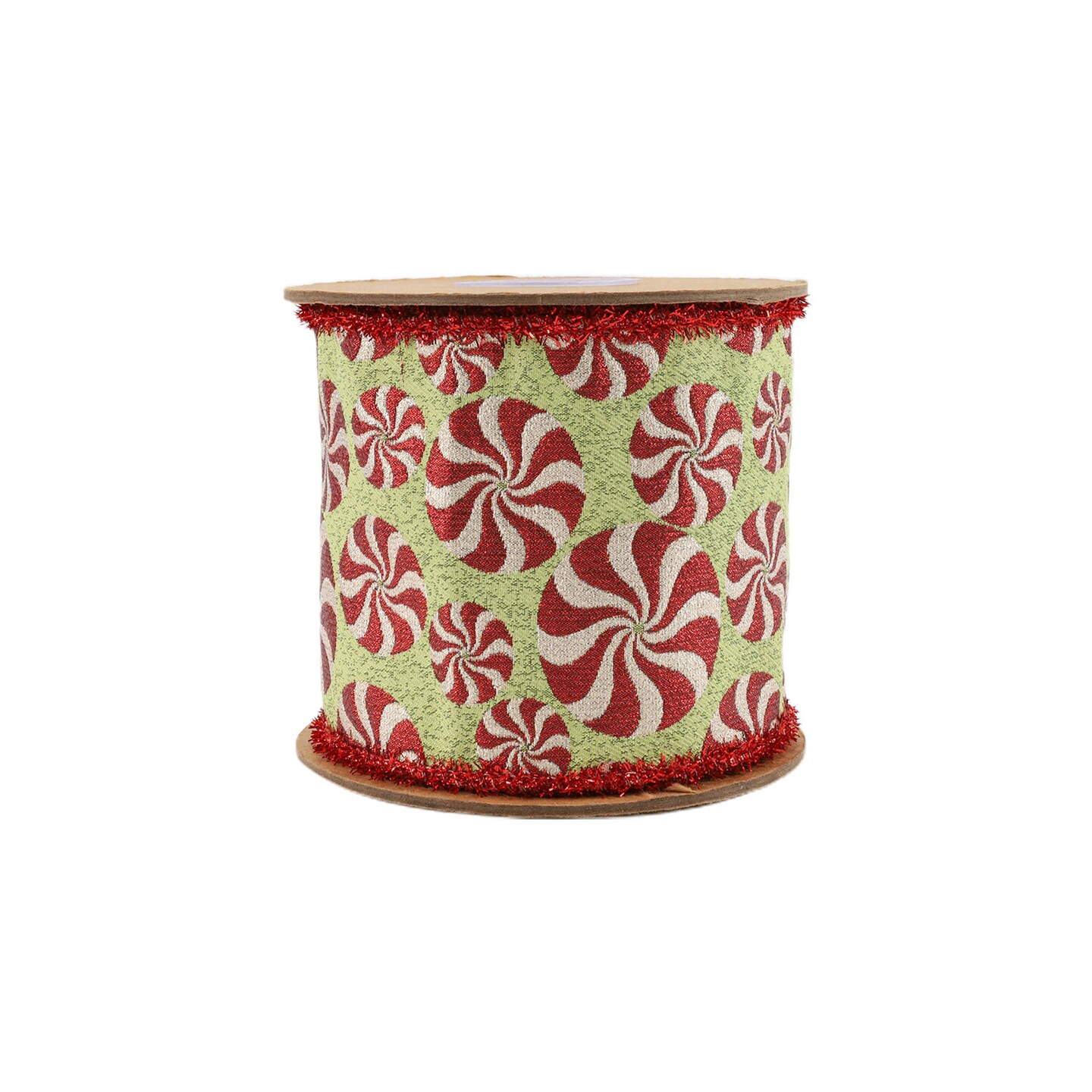 LaRibbons 4" - 2 1/2" Wired Jacquard Ribbon | Peppermint on Fuschia w/ Tinsel Edge | 5 Yard Roll