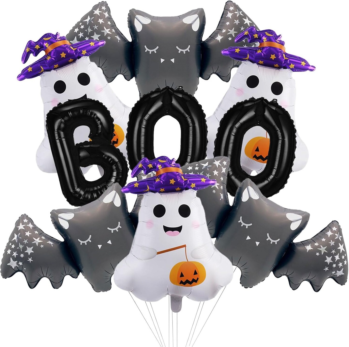 9 Pcs Bat Ghost Balloons BOO Foil Balloon Kit(Black White Purple)