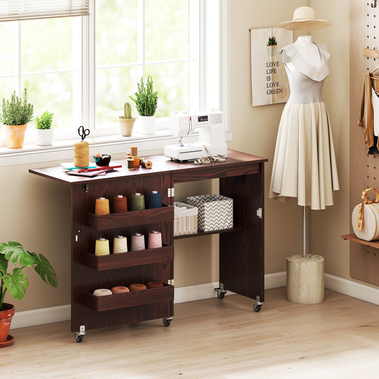 Portable Mobile Folding Sewing Cabinet with USB Charging Port and Multi-Tier Storage