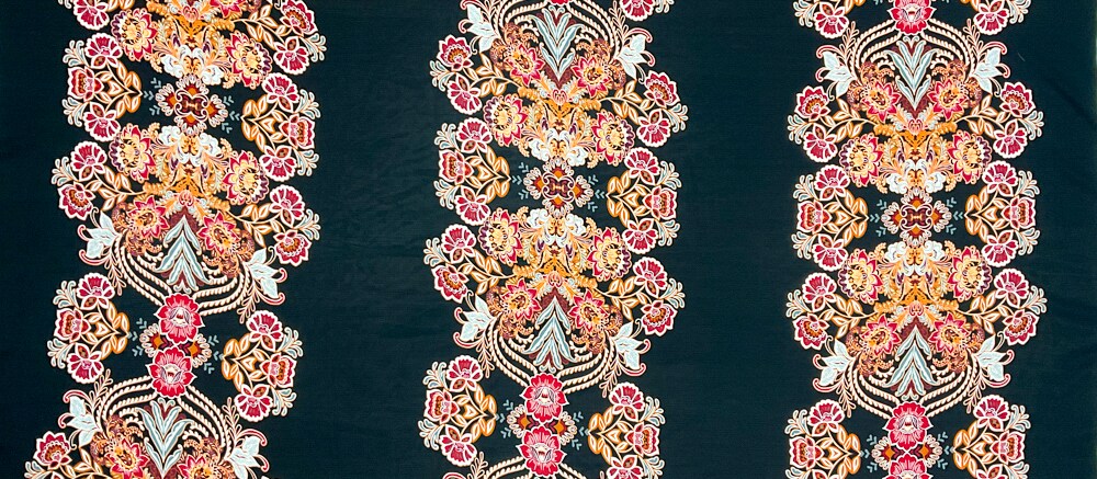 Black-Orange-Multi Poly Floral Stripe Printed Chiffon Woven Fabric By the Yard