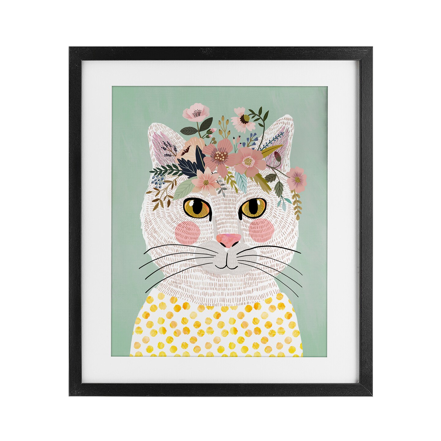 Stupell Industries Playful White Cat with Flowers Framed Print Under Glass, design by Mia Charro