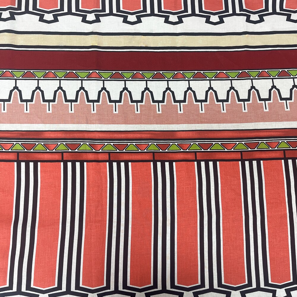 Red-Green-Multi Abstract Aztec Stripe Pattern Printed Linen Woven Fabric By the Yard