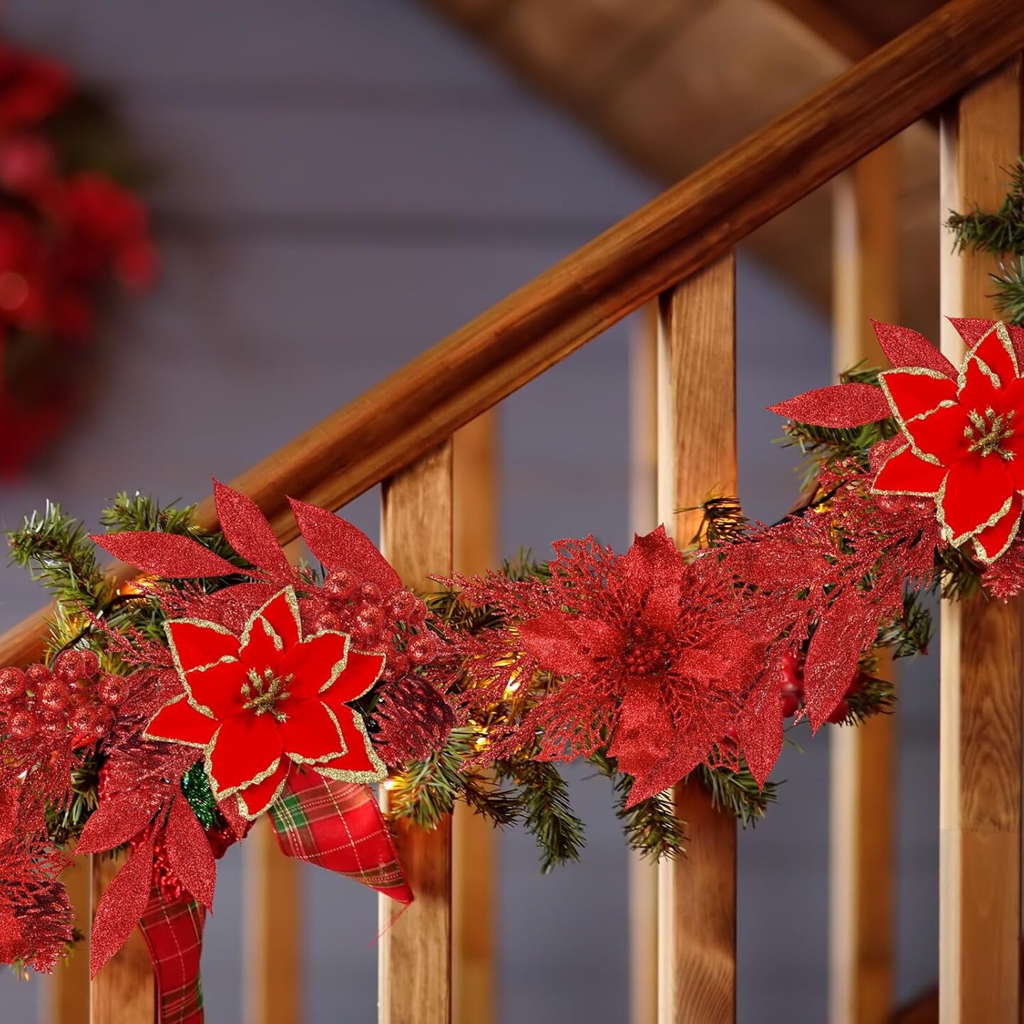 Christmas Artificial Poinsettia Flowers Picks (Red)