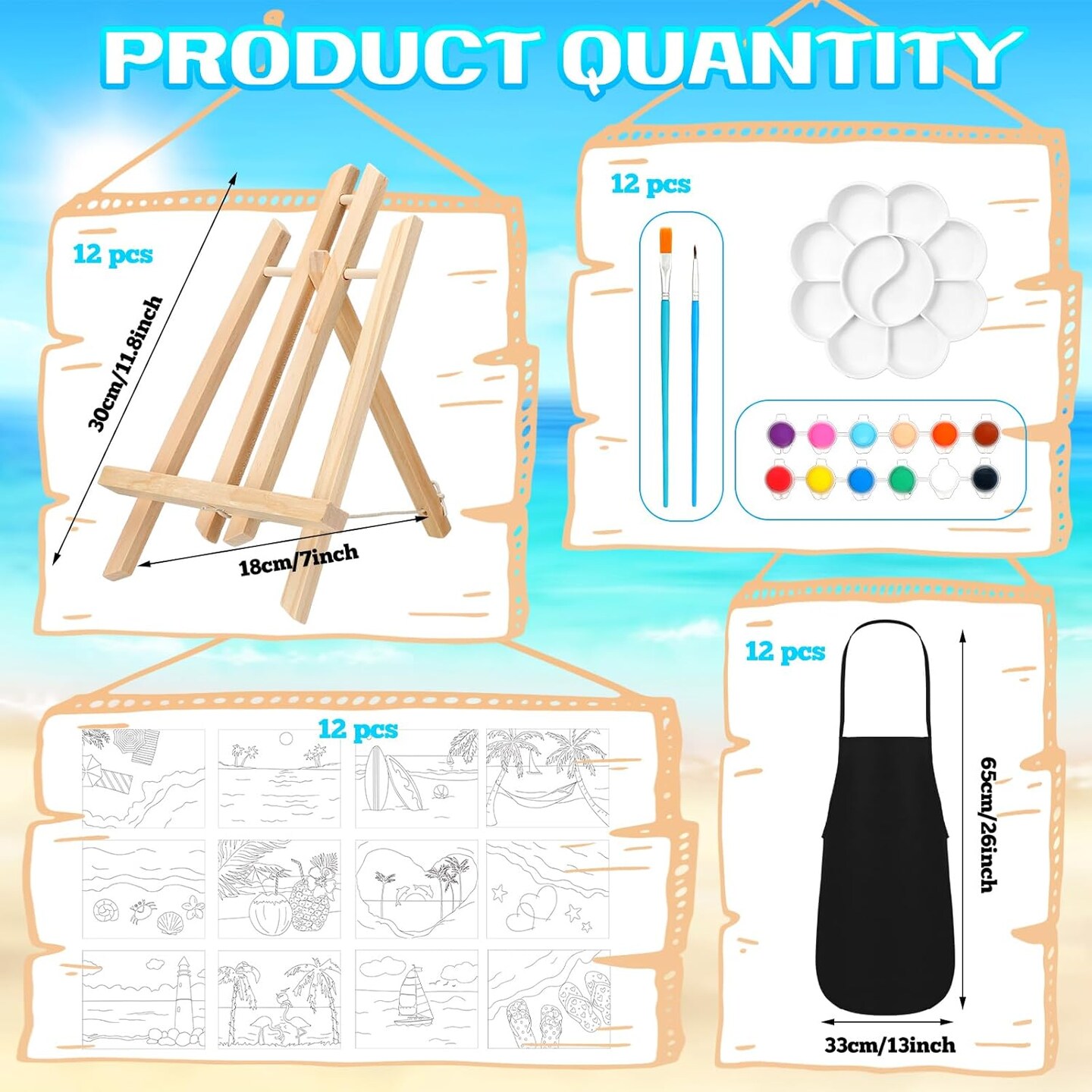 12 Sets Pre Drawn Canvas Painting Kit with Easels - 8x10 Inches (Beach)