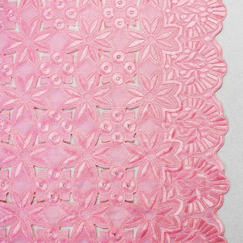 Pastel Pink Polyester Floral Circle Scalloped Rhinestone Woven Fabric By the Yard