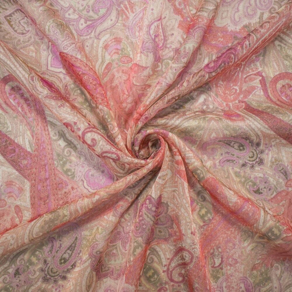 Pink-Beige-Multi Poly Paisley Printed Crinkle Yoryu Chiffon Woven Fabric By the Yard