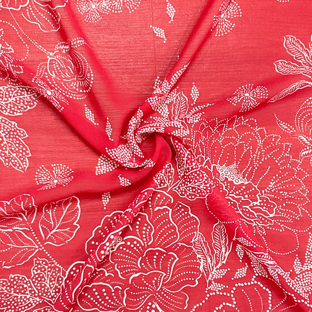 Red-White Poly Floral Printed Chiffon Woven Fabric By the Yard