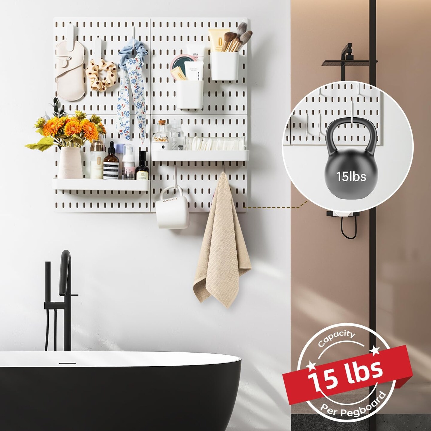 Pegboard Wall Organizer Kit, 4 Panels with 17 Accessories, Modular Hanging Storage for Home Office, Bedroom, Bathroom & Craft Rooms, 22” x 22”, White