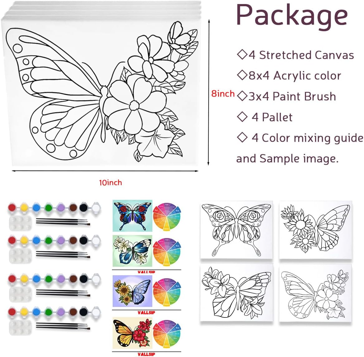 4 Pack Pre Drawn Canvas Painting Kits - 8x10 (Butterfly)