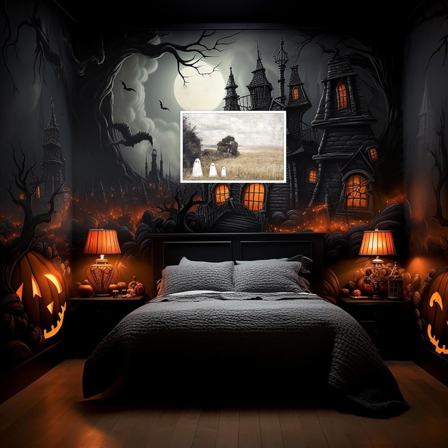 Cute Ghost Haunted Forest Canvas Wall Art – Vintage Halloween Spooky Poster 12x16 Inch | Dark Academia Aesthetic Funny Ghost Painting Unframed Home Decor