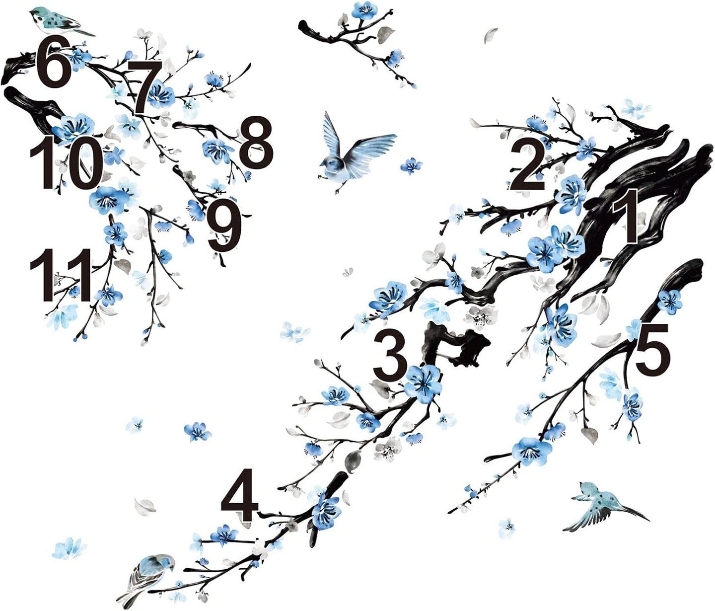 Watercolor Flower Tree Branch Wall Stickers Blossom Blue Floral Birds Peel
