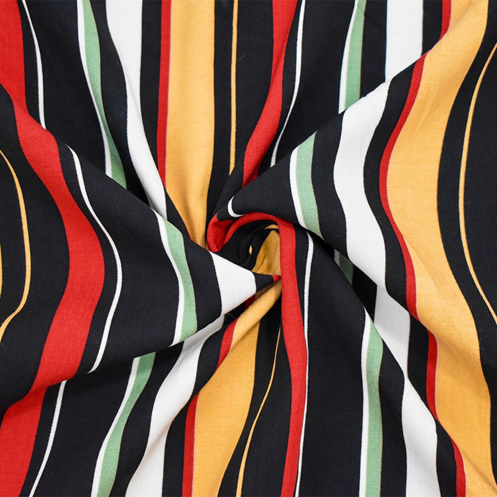 Black-Red-Multi Rayon Stripe Printed Challis Woven Fabric By the Yard