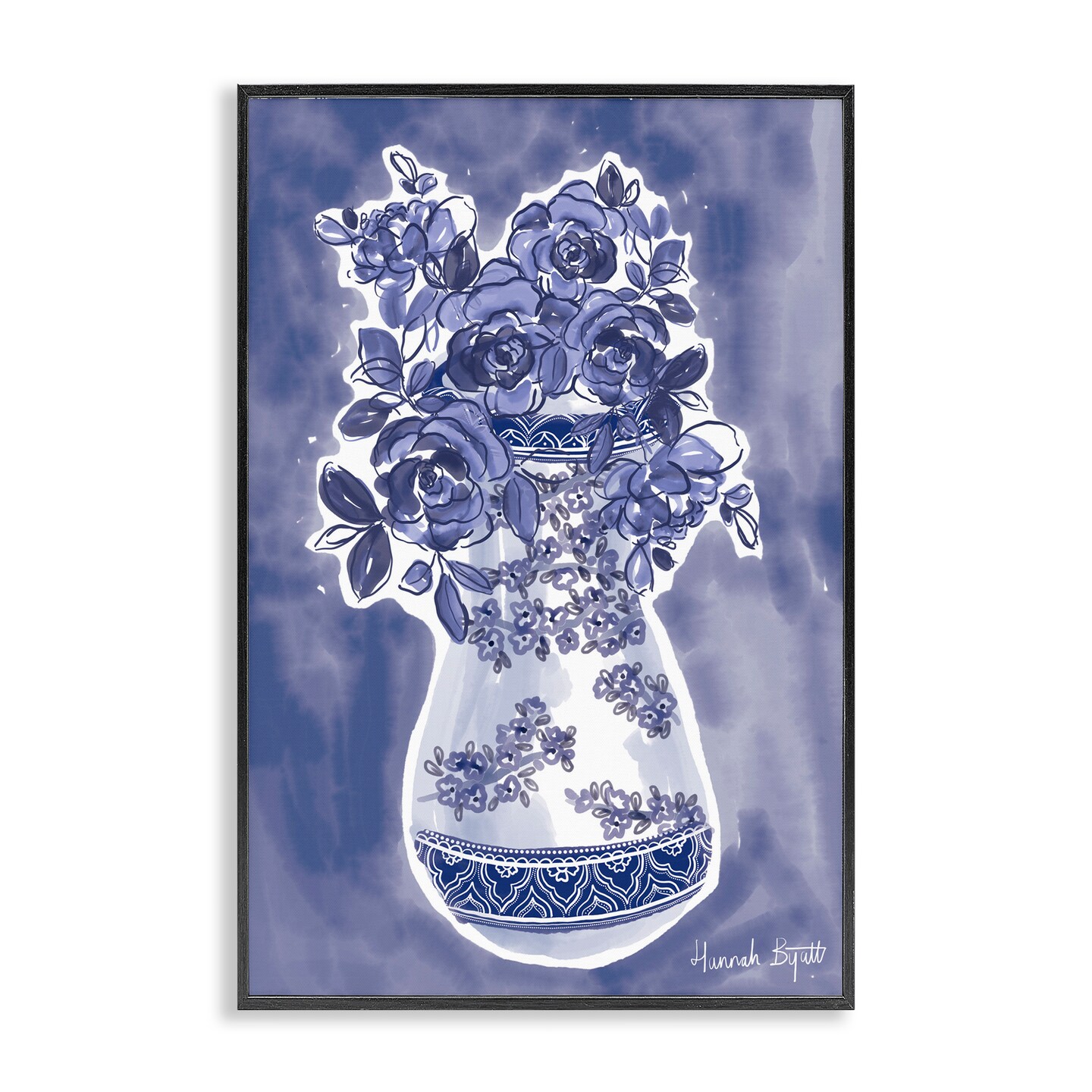 Stupell Industries Chinoiserie Vase on Blue Framed Giclee, design by Hannah Byatt