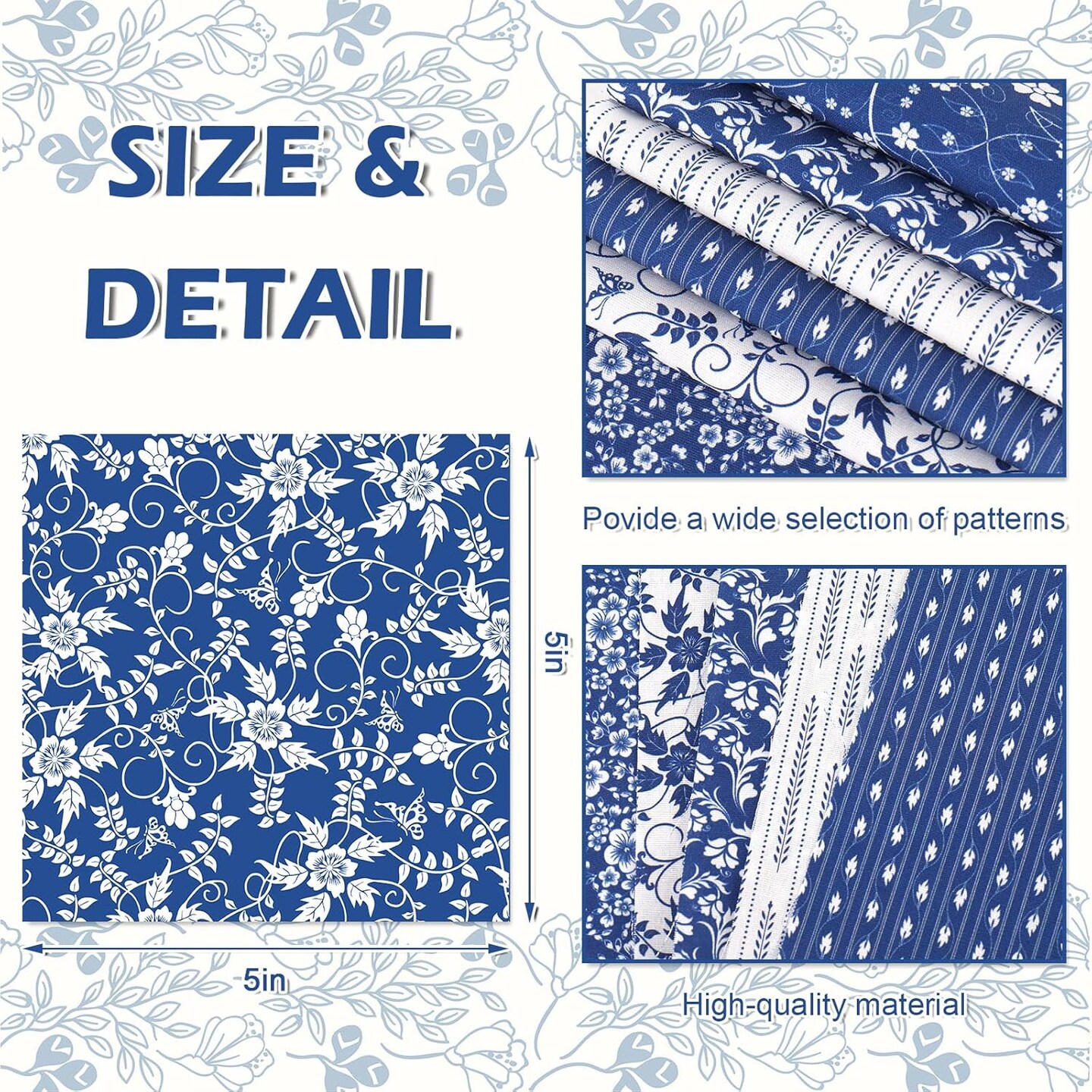 60Pcs Flower Cotton Pre-Cut Fabric Bundles Blue White Floral Fabric Squares(Blue)