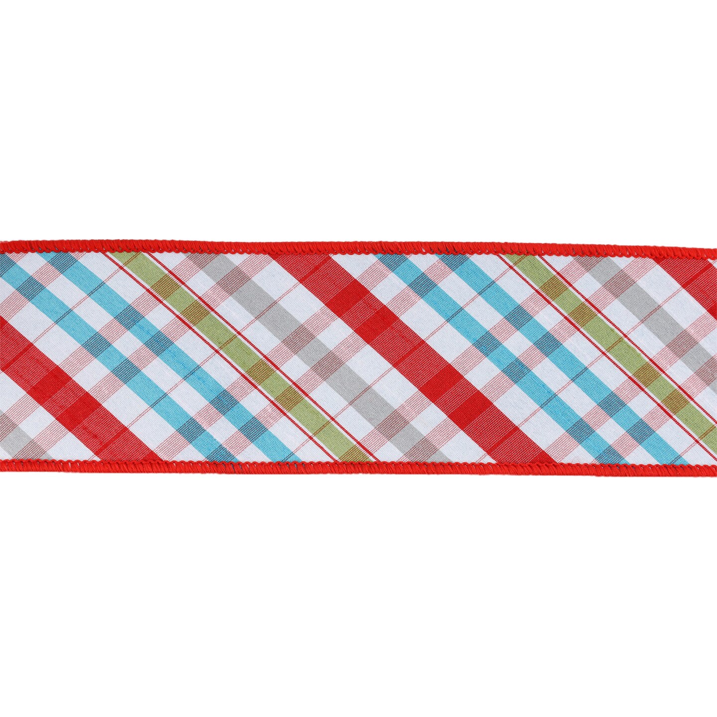 LaRibbons 4" - 2 1/2" Wired Taffeta Ribbon | Red/Turquoise/Apple Green/White Plaid Bias Cut Double-Fused w/ Turquoise Backing | 10 Yard Roll
