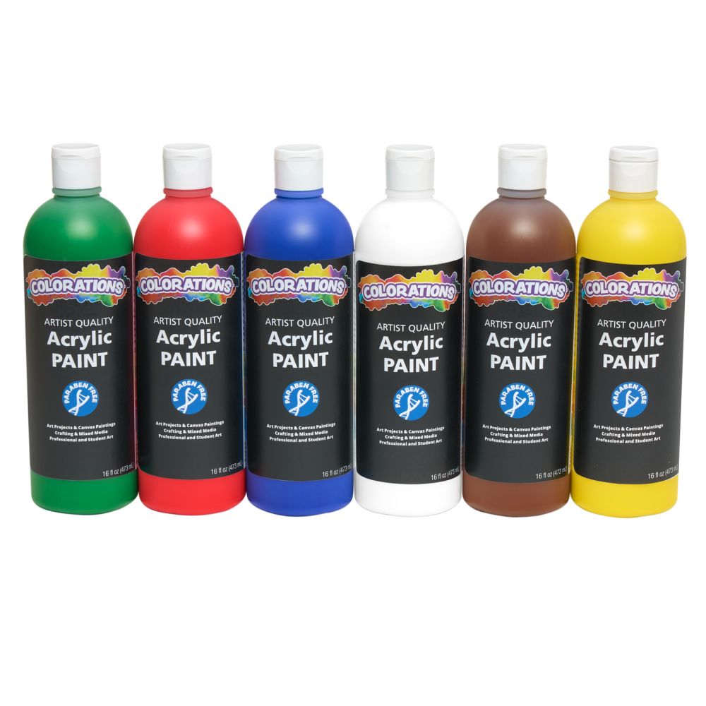 Colorations Artist Quality Acrylic Paint. 6 Primary Colors.16 oz Each (473ml) Made in United States, Paraben-Free, Non-Toxic, Acrylic Paint for Adults and Kids