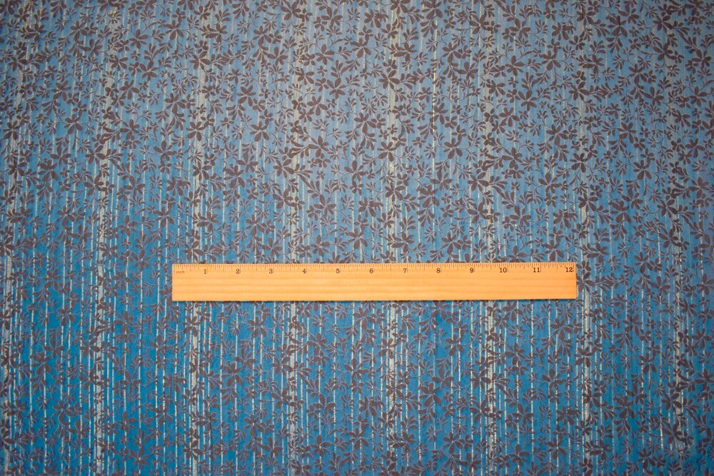Blue-Gold-Multi Floral Printed Metallic Crinkle Yoryu Chiffon Woven Fabric By the Yard