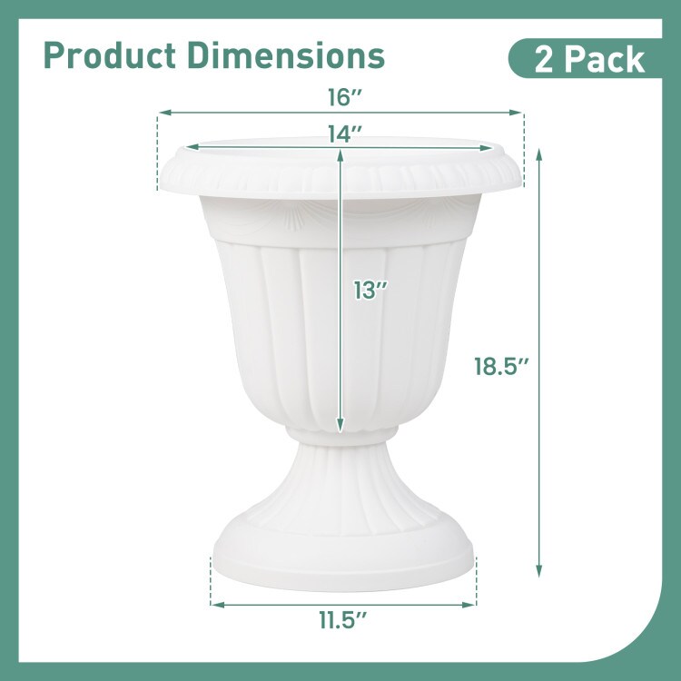 18 inch Tall Vintage Planters Set of 2 with Pedestal Base and Pre-marked Drain Hole-White