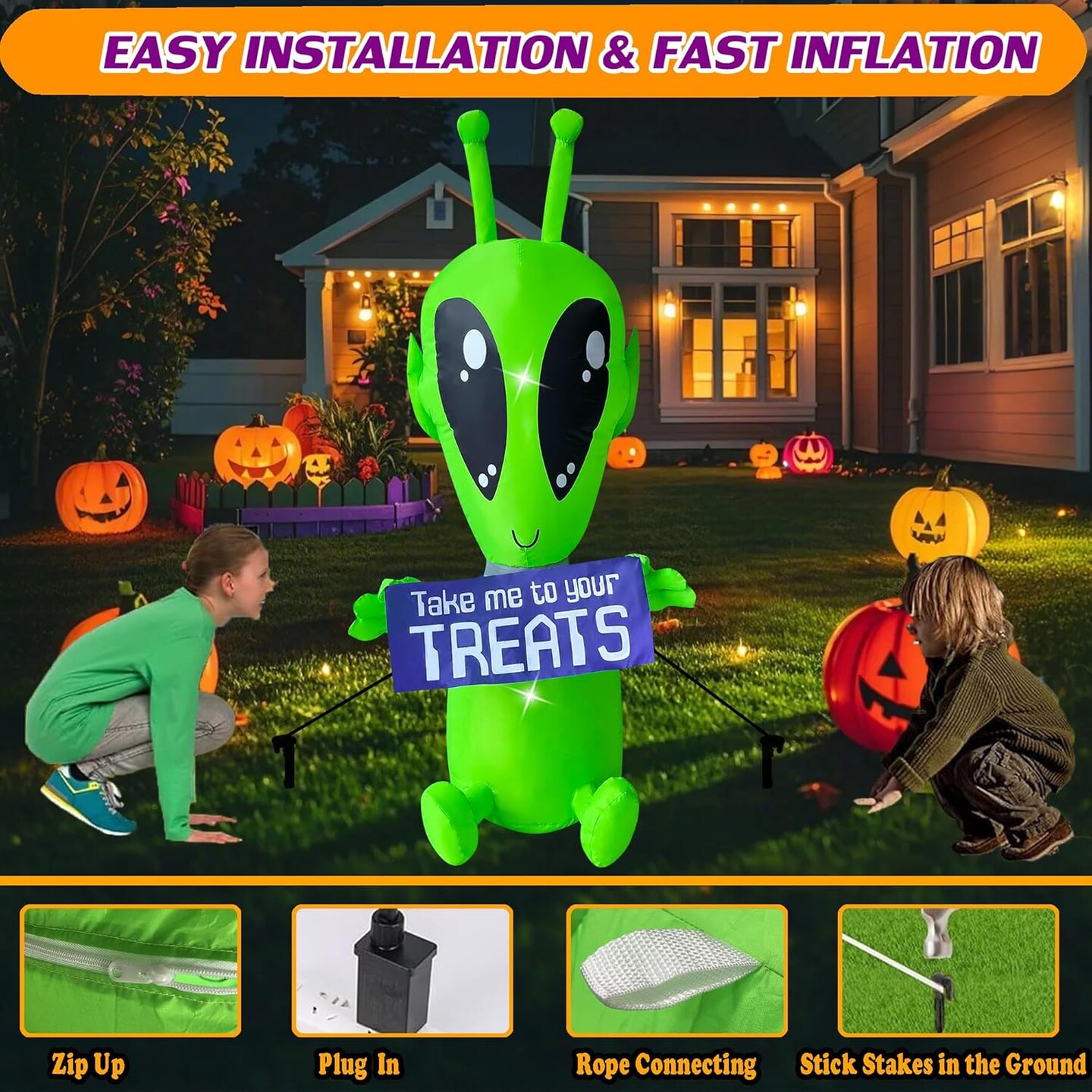 4 FT Halloween Inflatable Alien with Banner Decoration, Built-in LED