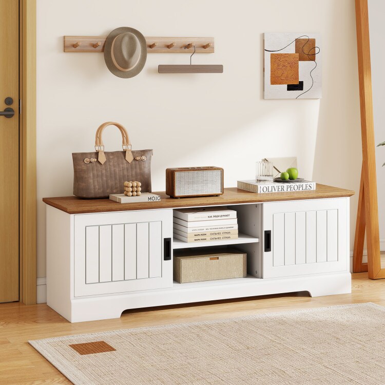 Farmhouse TV Stand for TVs up to 65 Inch with Sliding Doors and Storage Cabinets-White