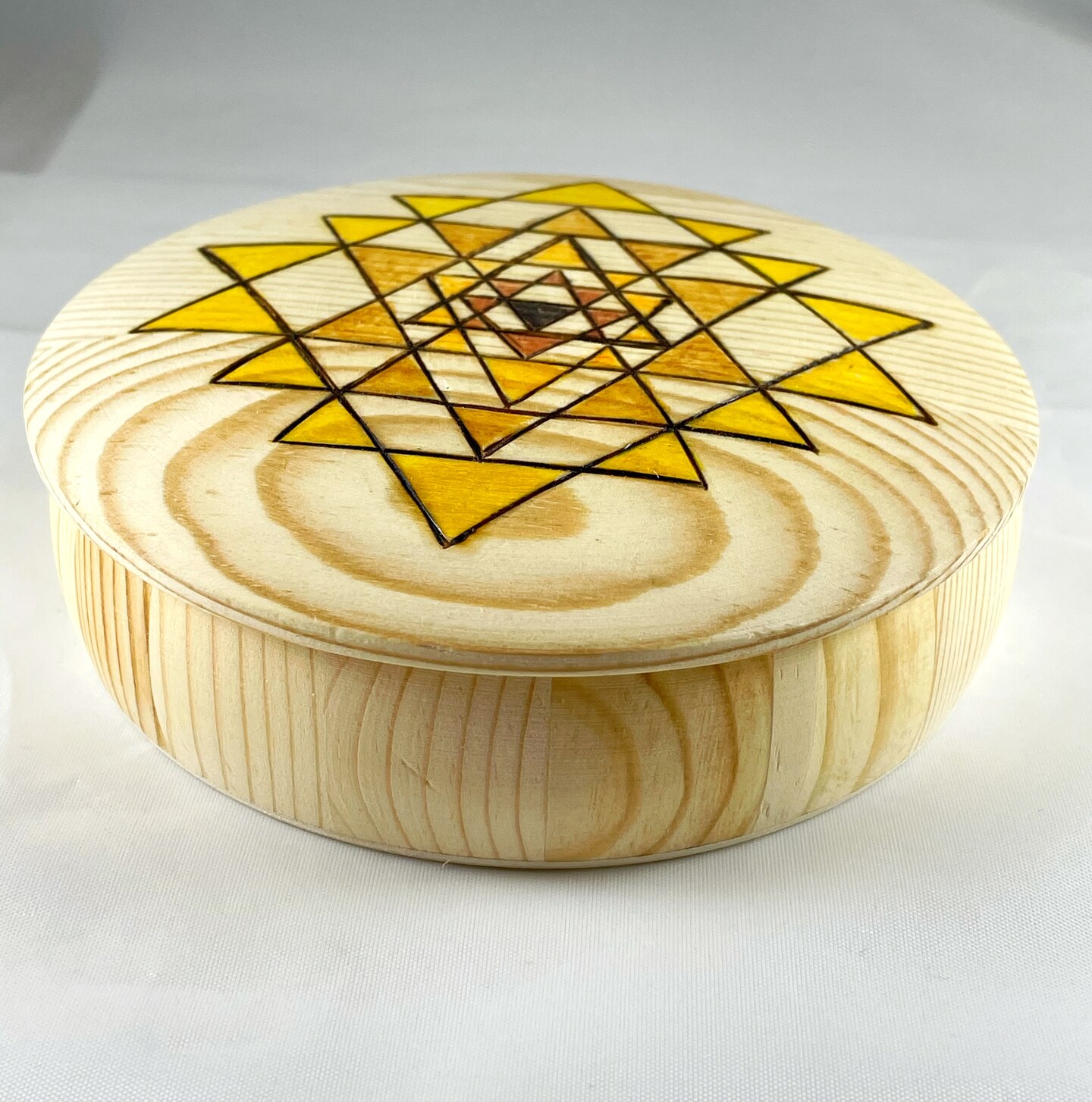 Sri Yantra Wood Burned Trinket Box, Wood Burning Art Pyrography