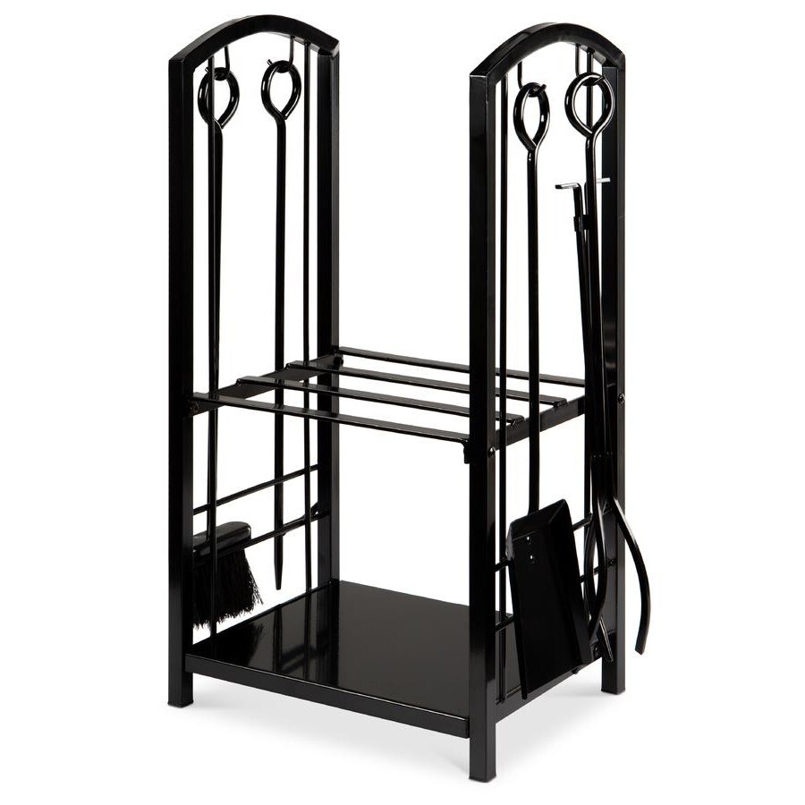 5-Piece Black Wrought Iron Firewood Log Rack with 4 Tools Set and 2 Shelves Fireplace Storage