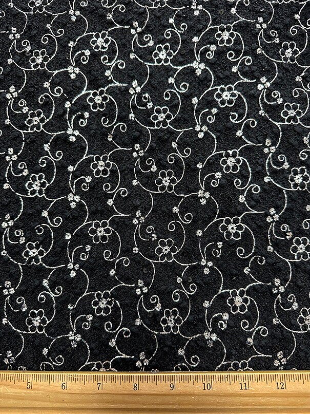 Silver Flocked Floral Faux Sequin on Black Chenille Fabric By the Yard
