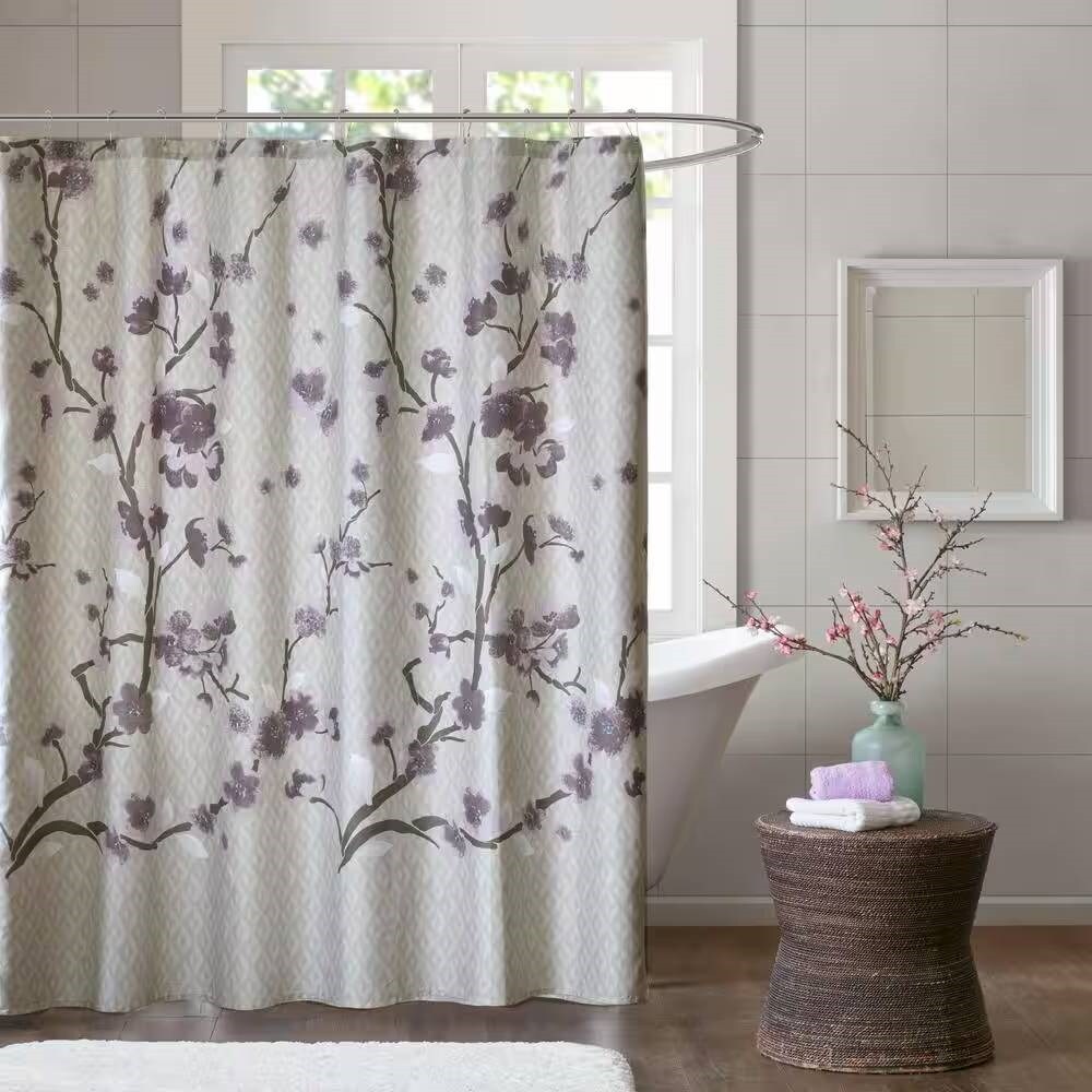 Purple-Grey Beige Cotton Floral Shower Curtain Machine Washable