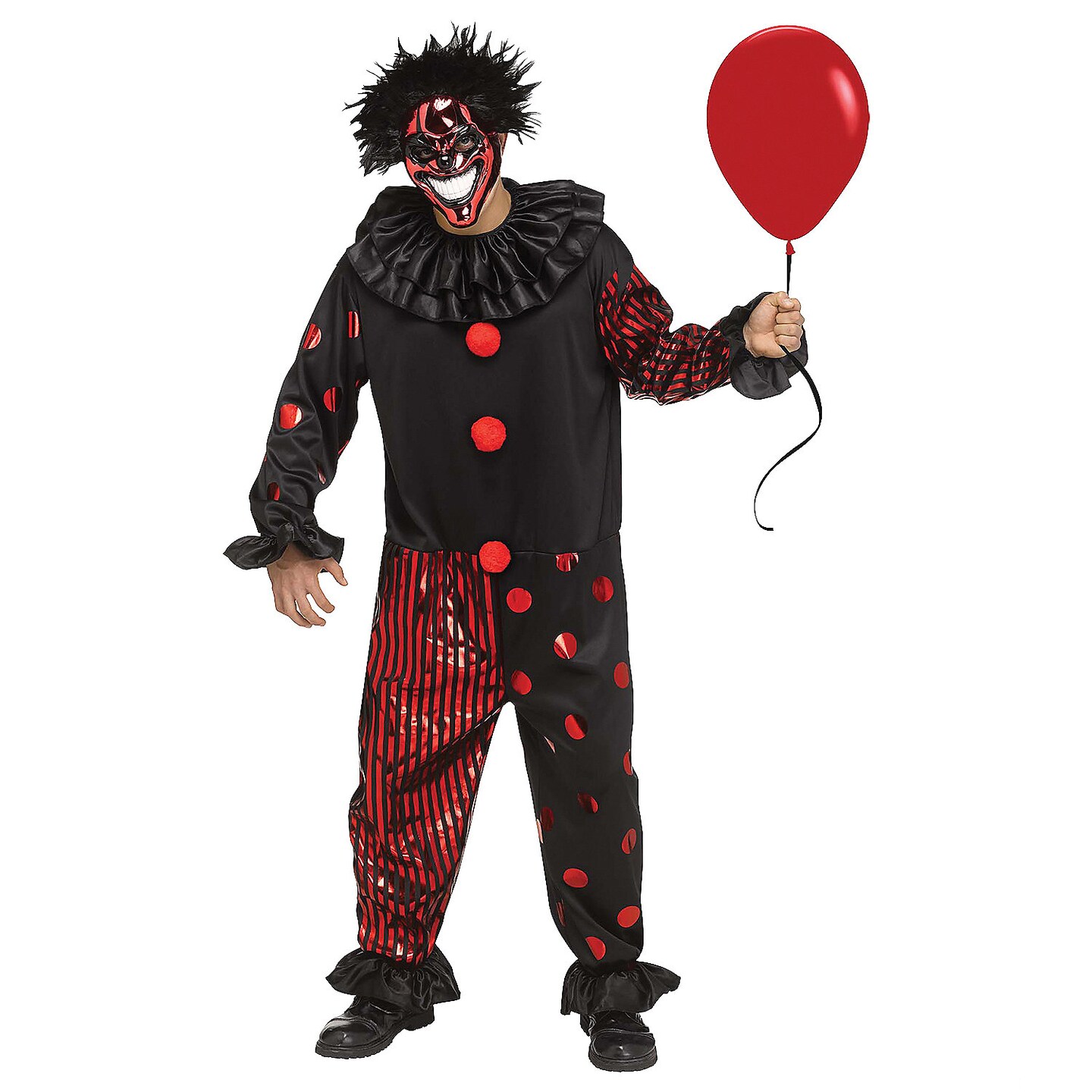 Chrome Clown Costume, Reflective Metallic Jumpsuit with Red Chrome Mask