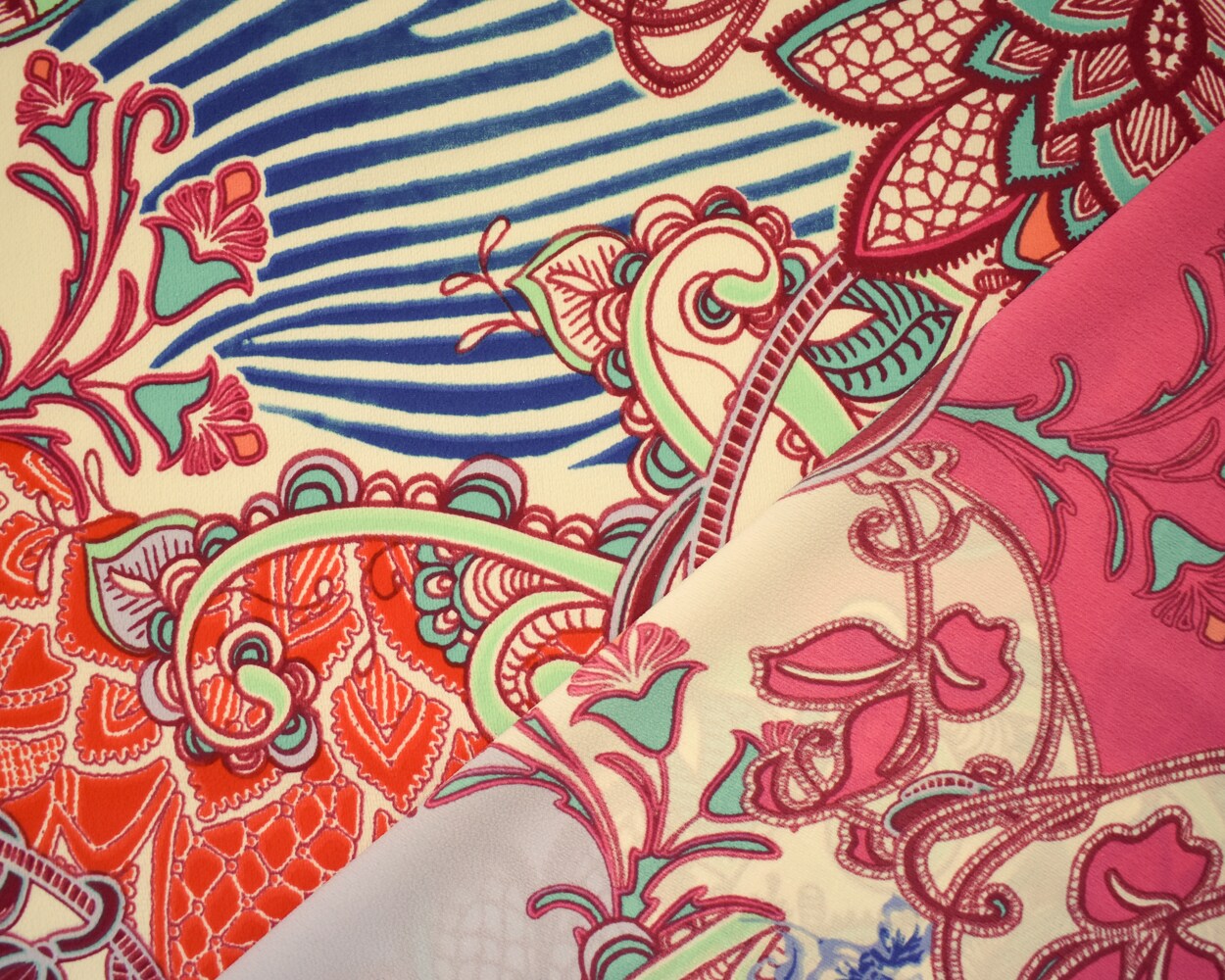 Red-Ivory-Multi Poly Paisely Floral Print Pebble Crepe Woven Fabric By the Yard