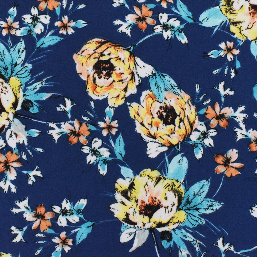 Blue-Yellow-Multi Poly Floral Printed Crepe Momie Georgette Woven Fabric By the Yard