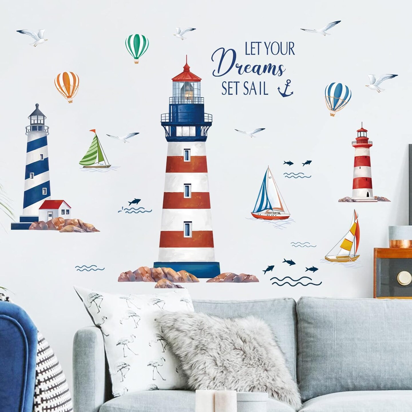 Nautical Lighthouse Wall Stickers Sailboat Seagull Peel (Multicolor)