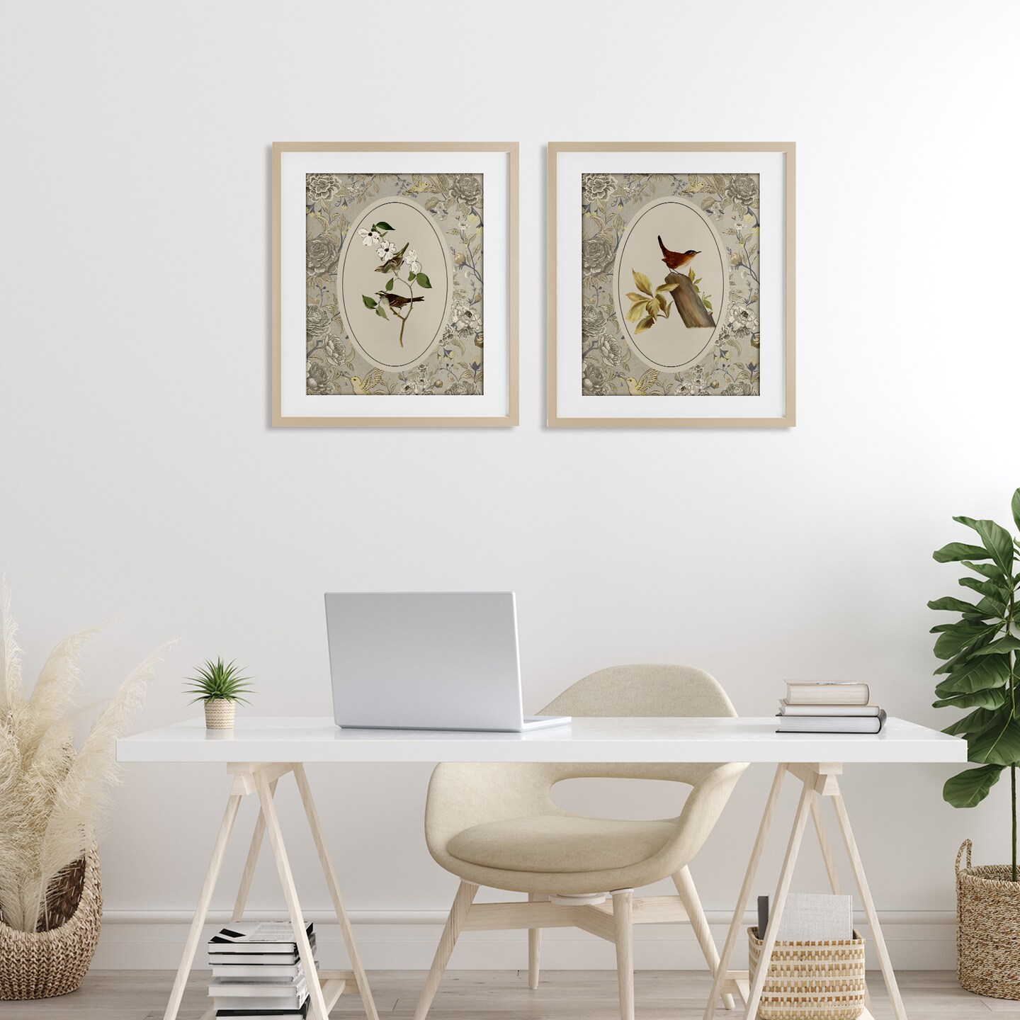 Stupell Industries Vintage Birds & Toile 2pc Framed Print Under Glass Set, design by Radhika Modi