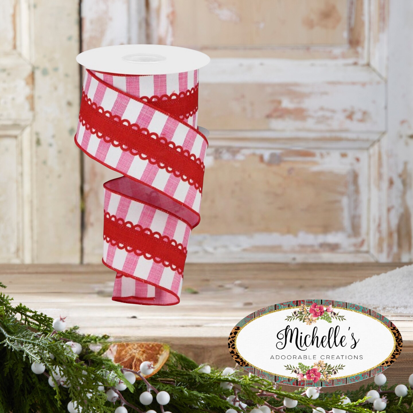 2.5&#x22; Lace On Horizontal Stripe Ribbon: Pink/White (10 Yards)