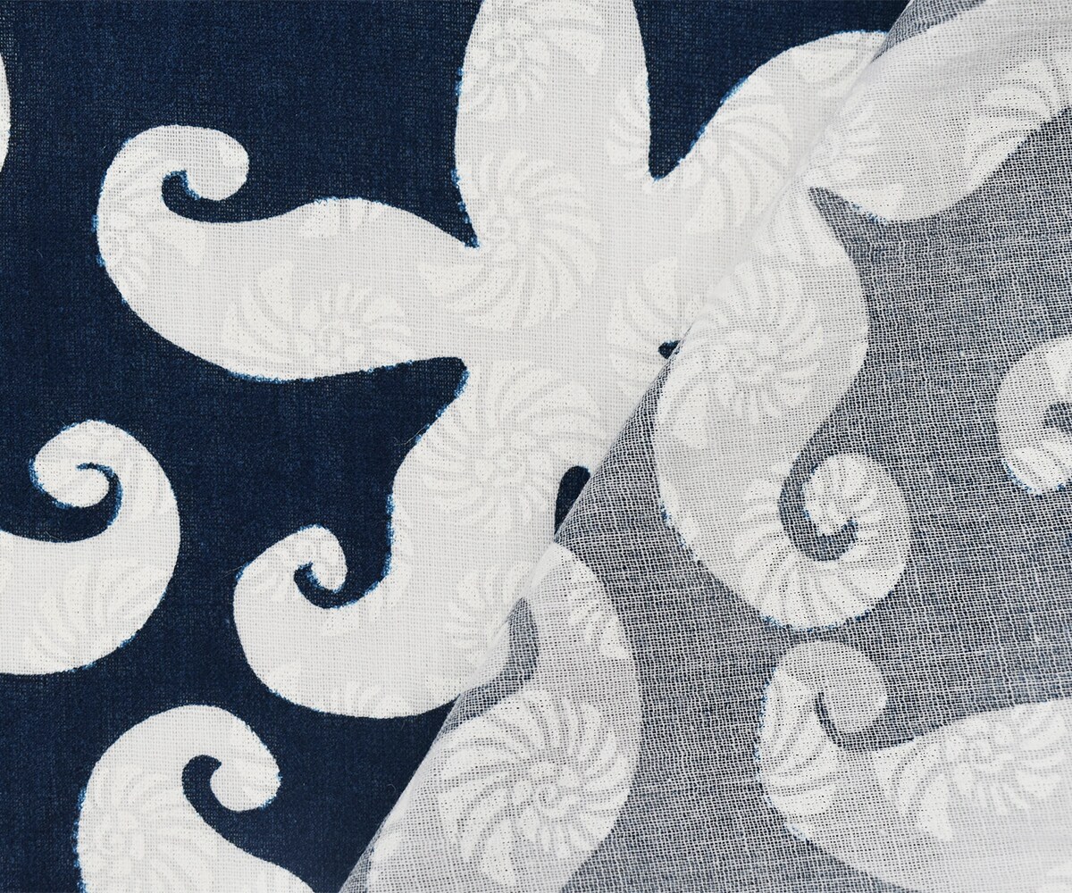 Deep Blue-White Cotton Star Fish-Shell Printed Gauze Woven Fabric By the Yard