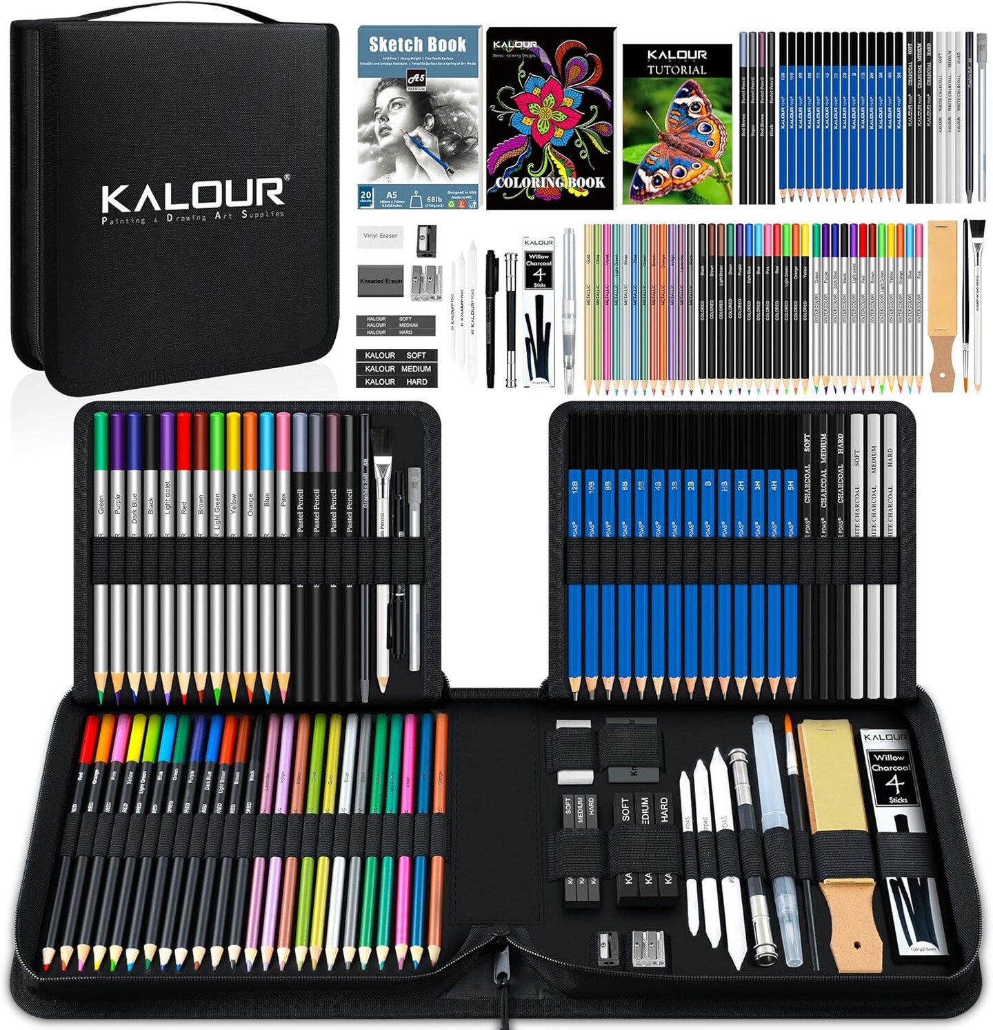 82 Pack Drawing Sketching Kit, Pro Art Supplies with Sketchbook, Include Tutorial,Colored (Black)