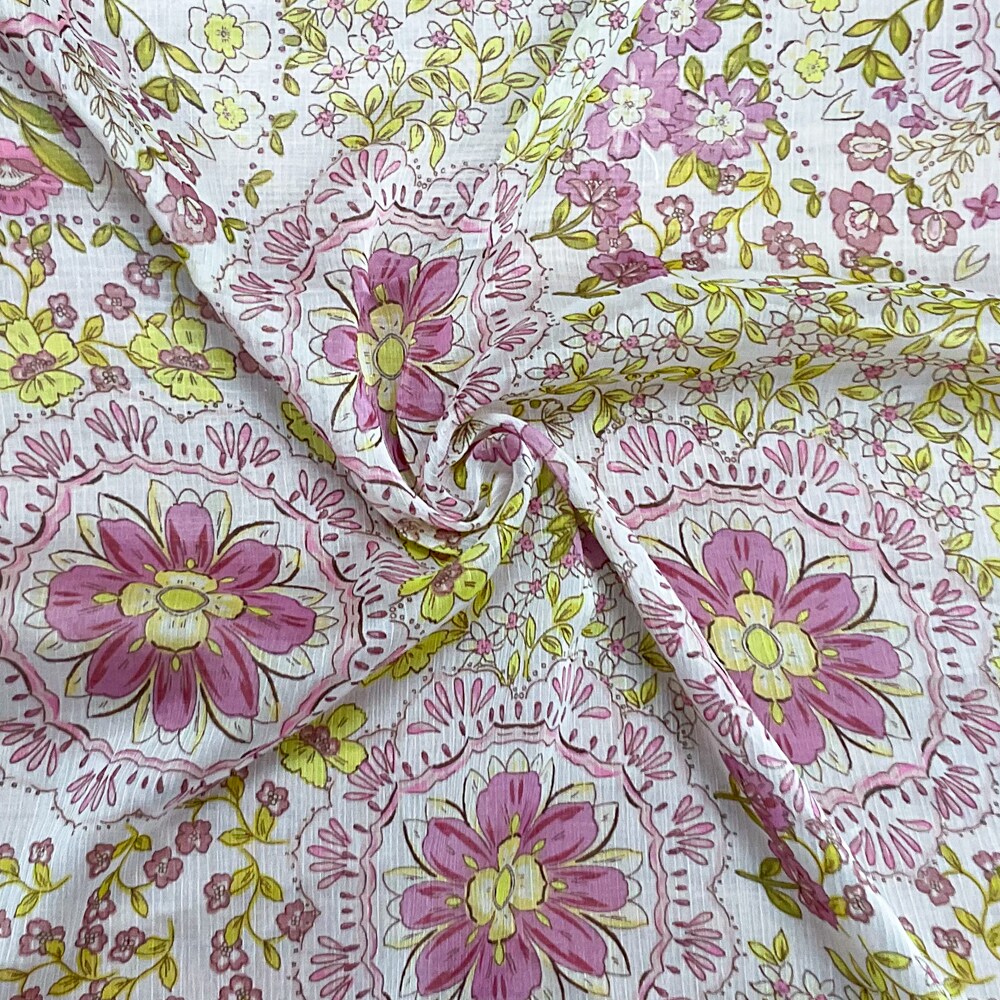 Ivory-Green-Multi Poly Floral Printed Crinkle Yoryu Chiffon Woven Fabric By the Yard