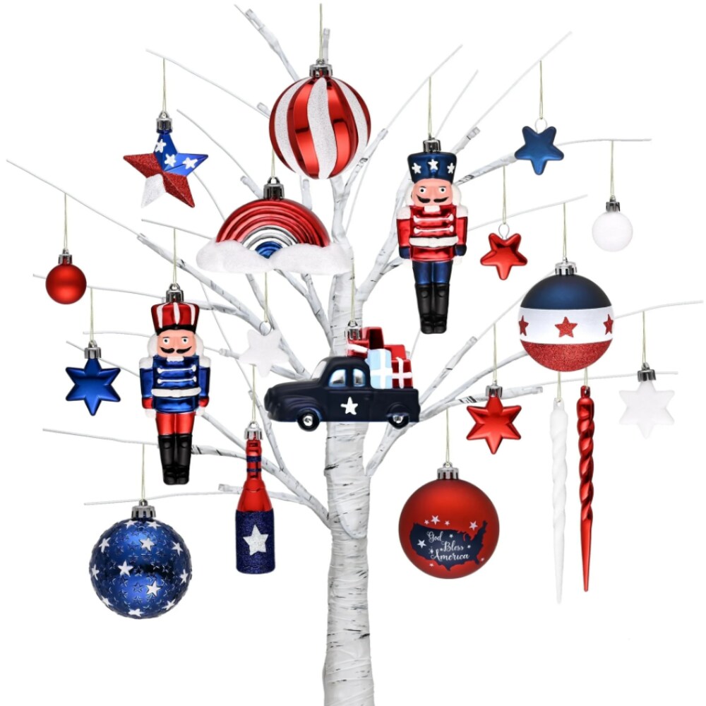 USA Flag Inspired Patriotic Ornament Set, 70pc Red White Blue Baubles