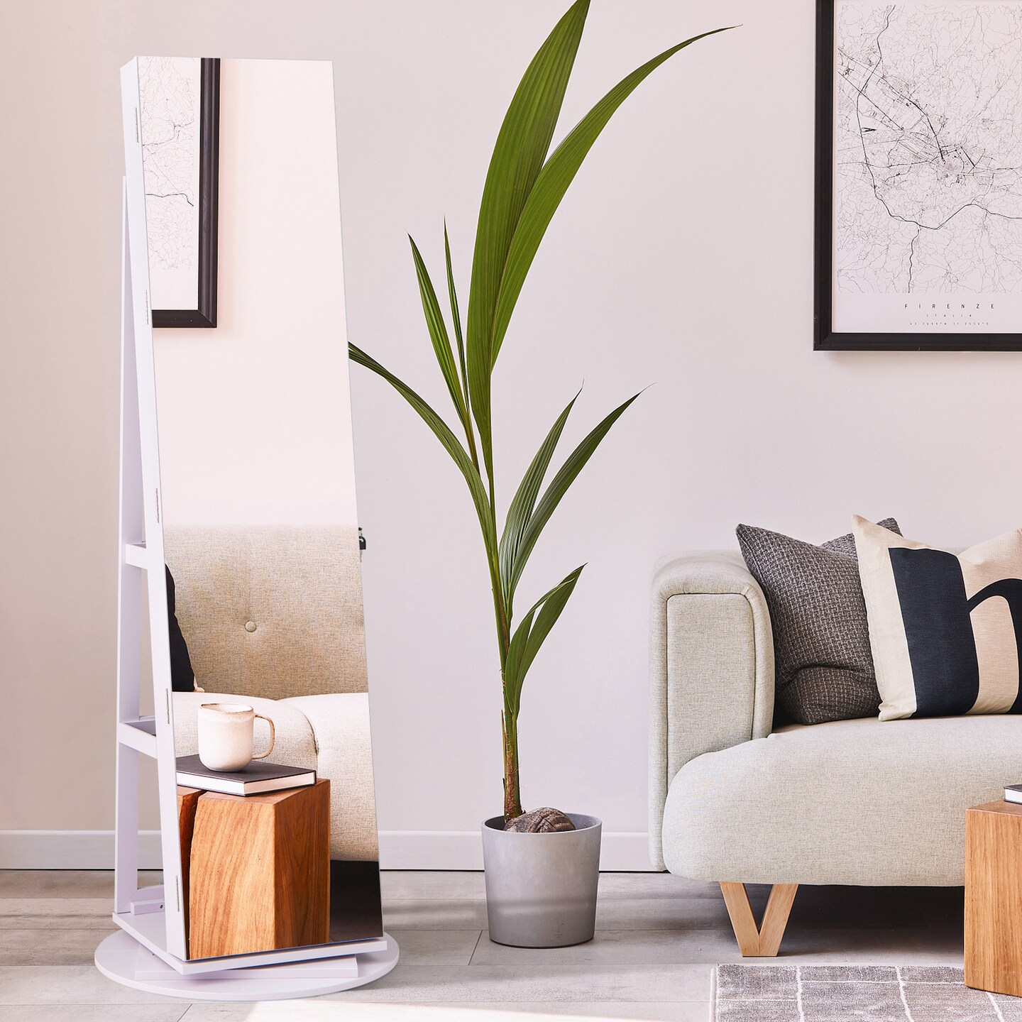 Purple Freestanding Jewelry Armoire with Full Length Mirror and LED Lights 360° Swivel Base