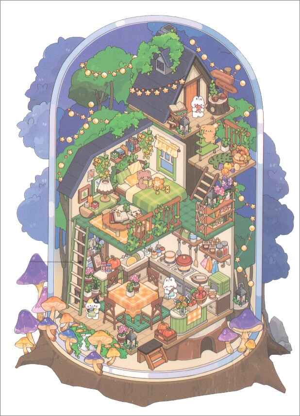 Cozy Evening Room Sticker Set, Isometric 3d Sticker Scene, Adorabilities