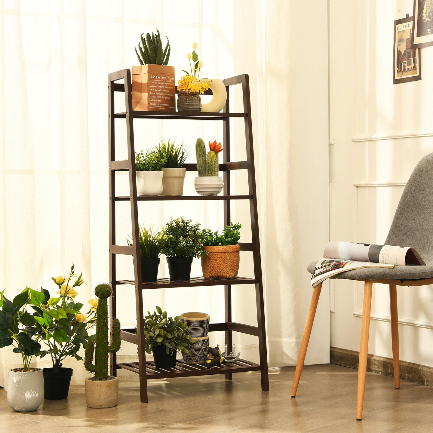 4 Tier Bamboo Ladder Shelf Plant Stand Storage Rack for Indoor Outdoor Use