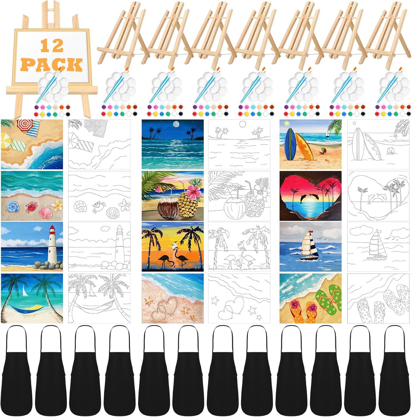 12 Set Pre Drawn Canvas for Painting for Adults Sip and Paint Kit with Easels 8 x 10 Inches Paint Party Kit with Printed Canvas Paints Brushes Palette Bag Apron(Beach)