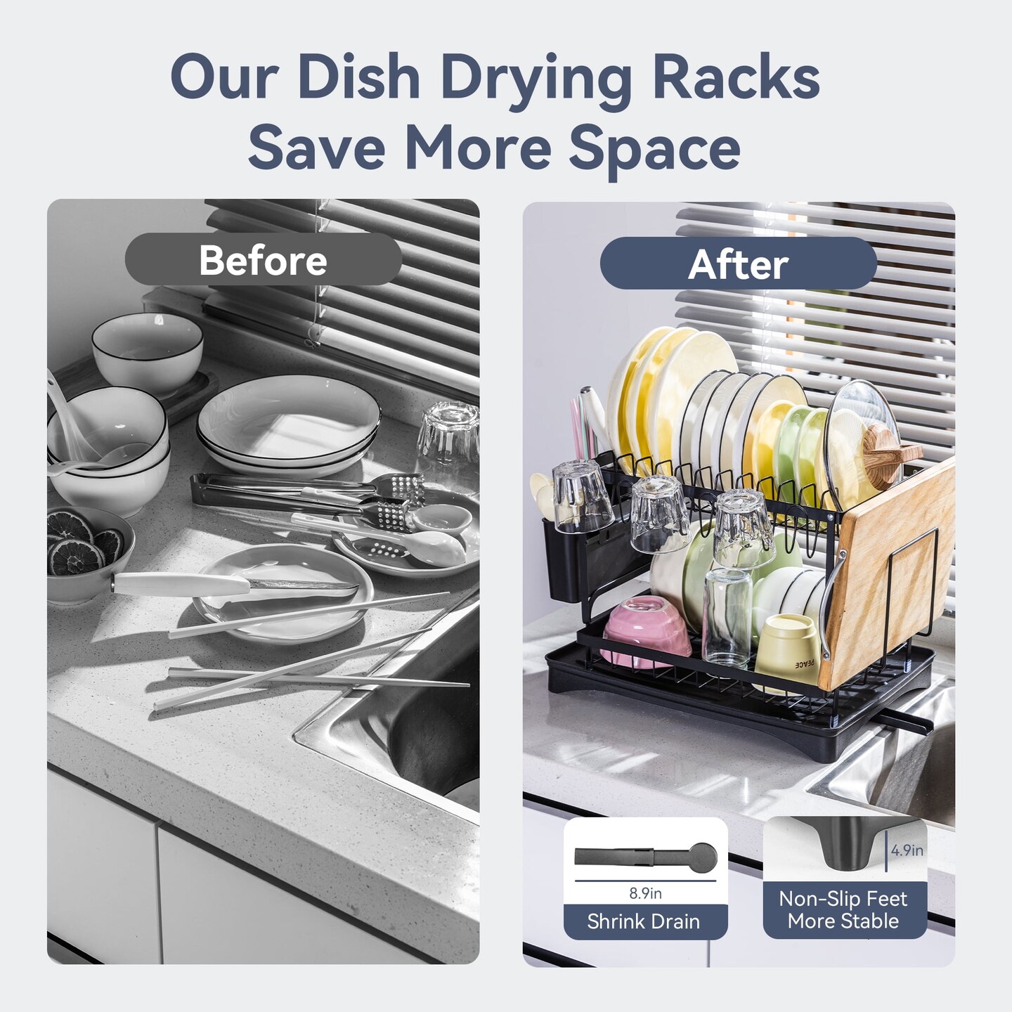 VUSIGN Metal 2-Tier Dish Drying Racks for Kitchen Counter and Sink, Dish Drying Rack with Utensil Holder, Cutting Board Holder, Black