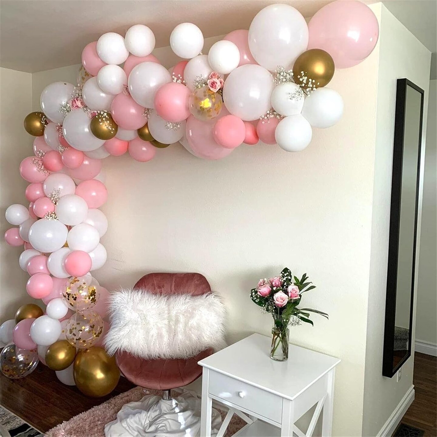 2 Inch Pastel Pink Pearl White Metallic Chrome Gold Confetti Latex Balloons(Pink White Gold)