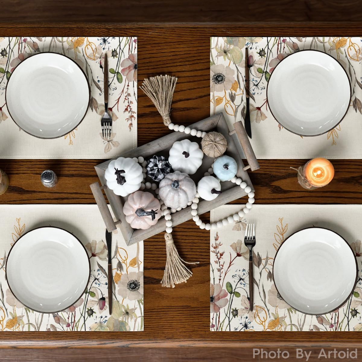Set of 4 Wildflowers Floral Fall Placemats - 12x18 Inch (Beige)