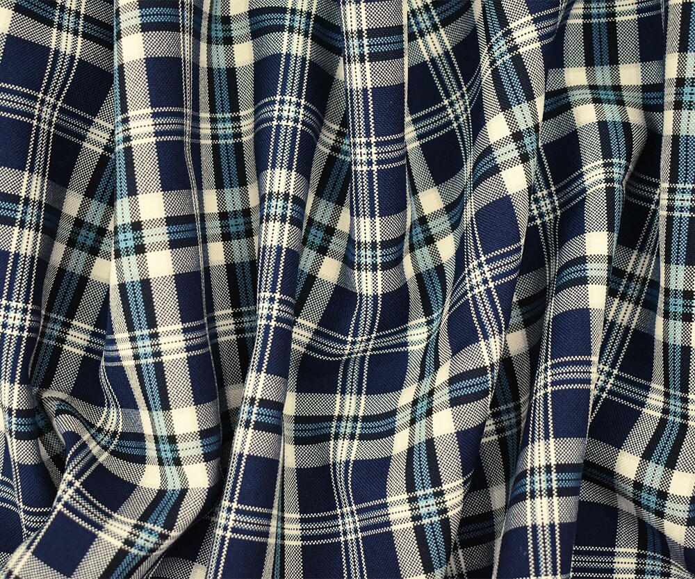 Blue-Ivory-Multi Polyester Plaid Woven Shirting Fabric By the Yard