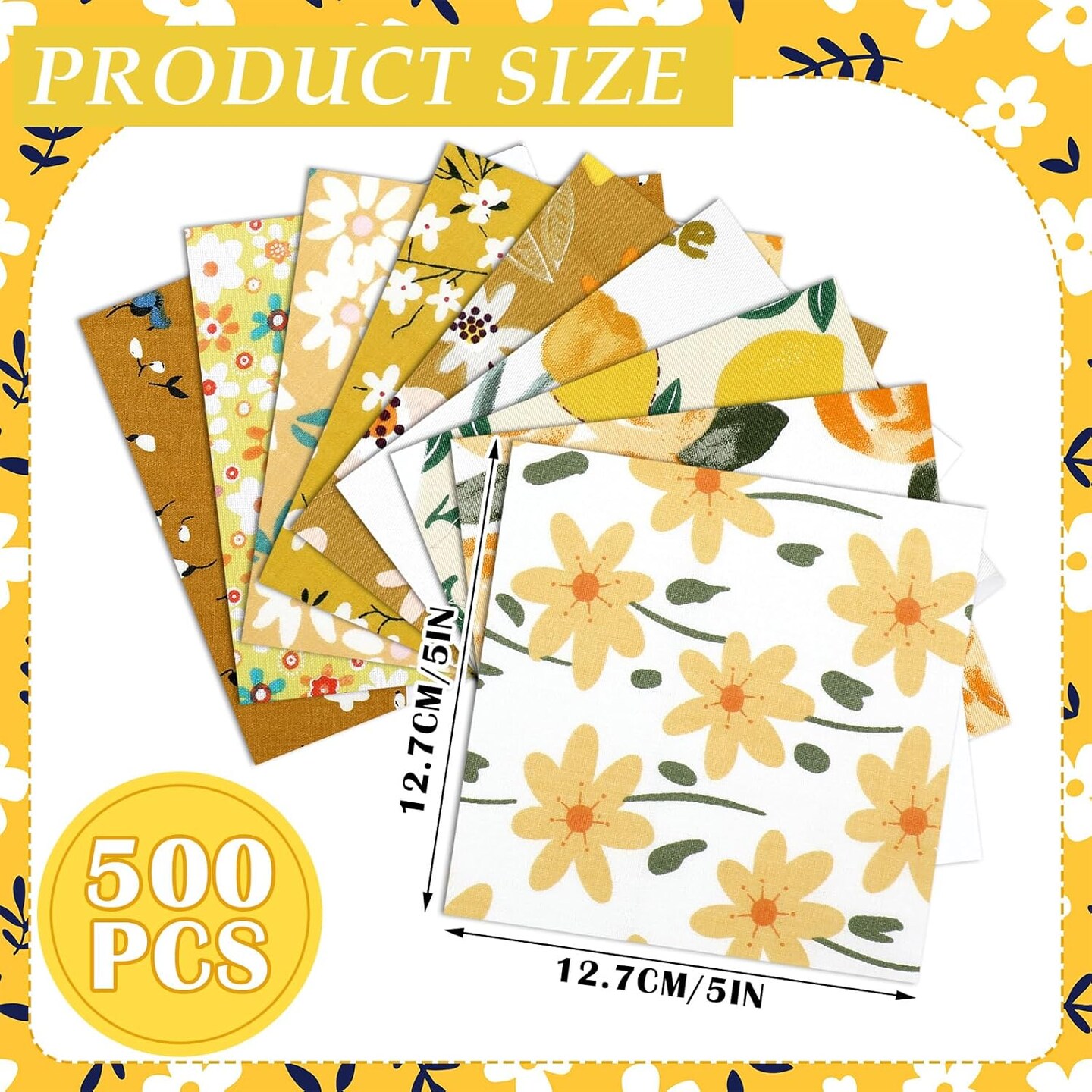 500 Pcs 5 x 5 Inches Cotton Fabric Squares Precut(Yellow Floral)